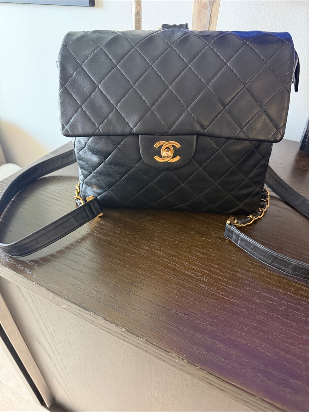 CHANEL Black Quilted Leather Vintage Backpack with Gold Hardware